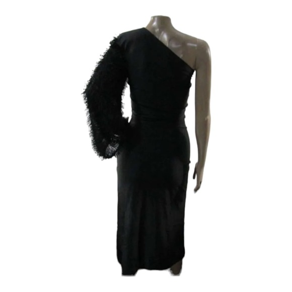 NWT FEMGRAPHY Naledi One Shoulder Feather High Slit Midi Dress Black Medium - Picture 6 of 8